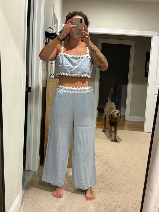 Pants - Light Blue Scallop Trim Two-Piece Jumpsuit Set